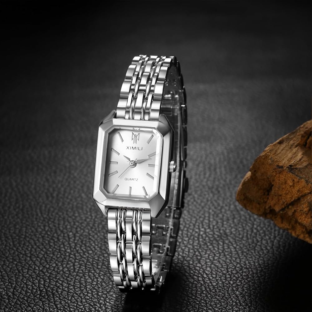 Ladies' Waterproof Square Dial Watch with Bar Index, Simple Quartz, Adjustable Stainless Steel - Silver