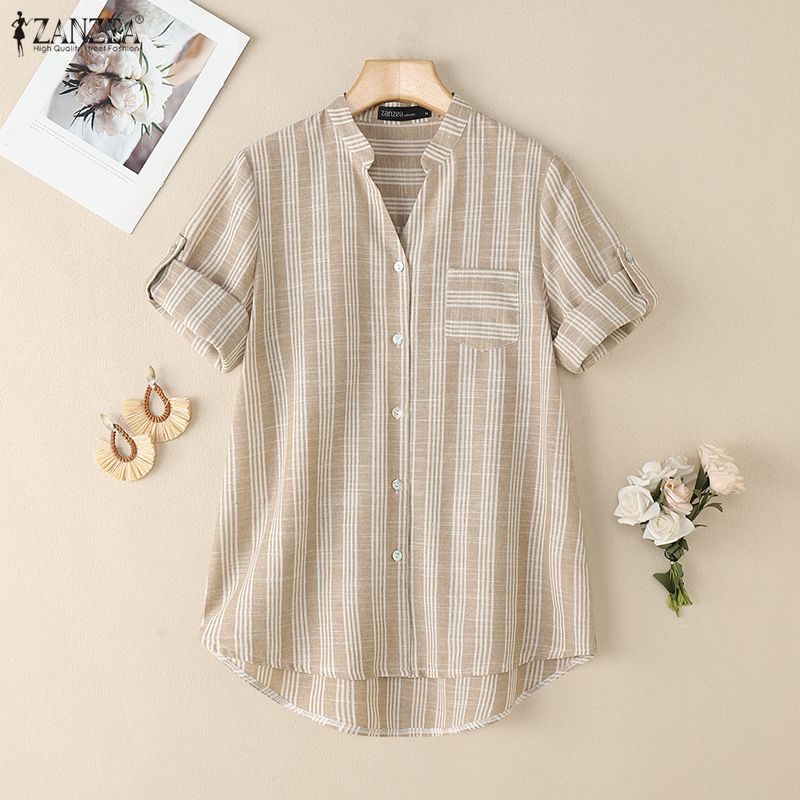 ZANZEA Women Casual V-Neck Summer Short Sleeve Stripe Blouse