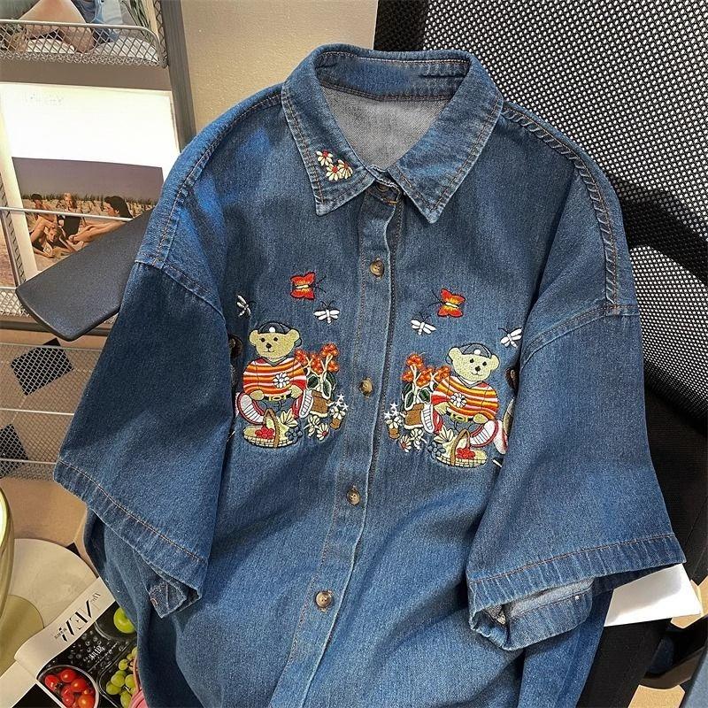Broderte Teddybjørn Denim Dameskjorter Sommer Løse Kortarmede Bluser Amerikansk Retro Nedbrettskrage Cardigan
