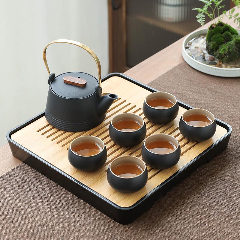Japanese Black Pottery Tea Set with Handle Teapot, Dry Brew Tray, and Portable Bag for Home, Office, or Travel.