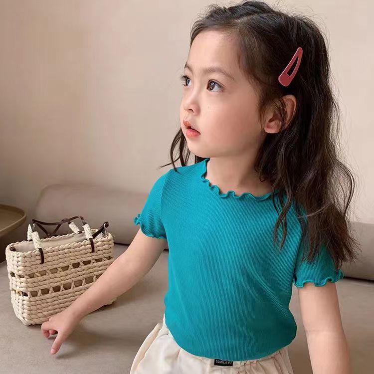 Short Sleeved T-shirt New Style for Girls and Babies Summer Clothes Versatile Striped Black Fungus Edge Medium and Small Children's Top