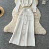Autumn Winter Women Knitted Sweater Two Piece Set Full Sleeve V-neck Cardigans Coat and Long Midi A-line Skirt Outfits