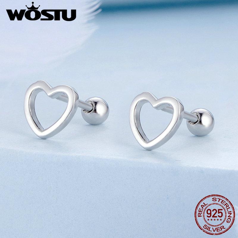 WOSTU 925 Sterling Silver Simple Hollow Heart Earrings For Women European Minimalism Ear Cuff Studs Piercing Drop Dangle Earring