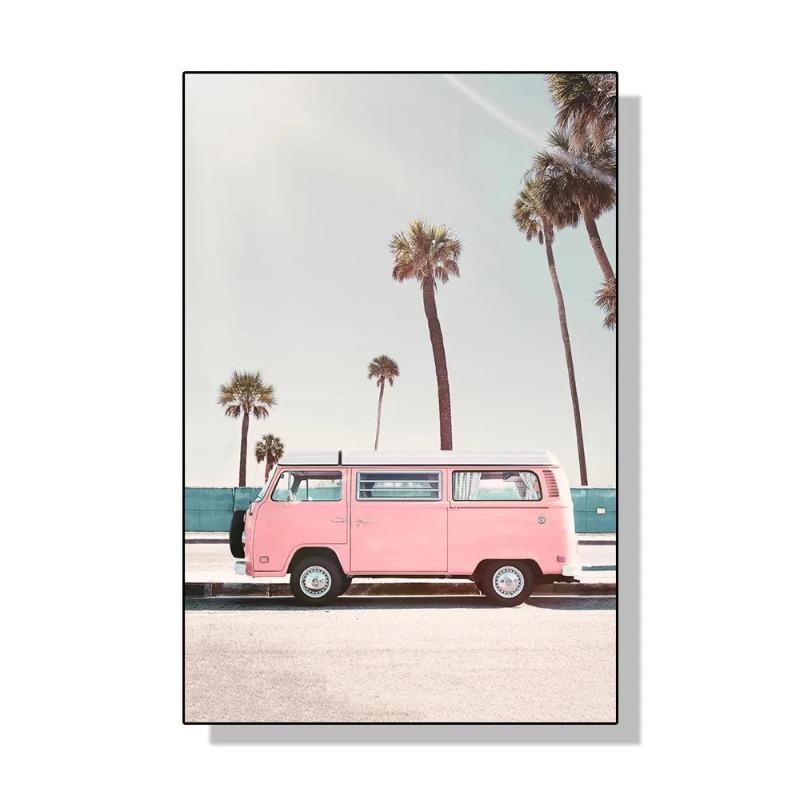 Pink Nordic Summer Holiday Travel Beach Surf Ocean Art Poster Canvas Painting Wall Art for Living Room Bedroom Home Decoration