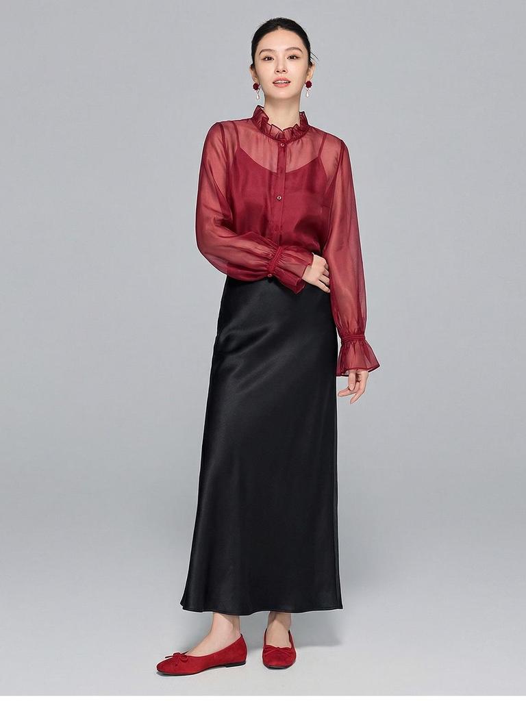 Zhi Hetang Women's Soft Silky Ruffle Long-Sleeve Shirt, New Chinese Style, Spring 2026 Arrival