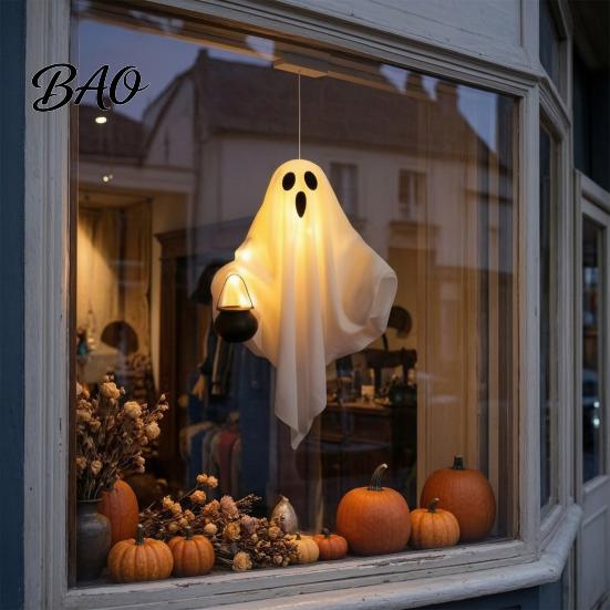 Durable Fabric Party Props Halloween Hanging Ghost with LED Lights, Spooky White Gauze Glowing Ornament, Unique Gift Ideas Flexible Figures