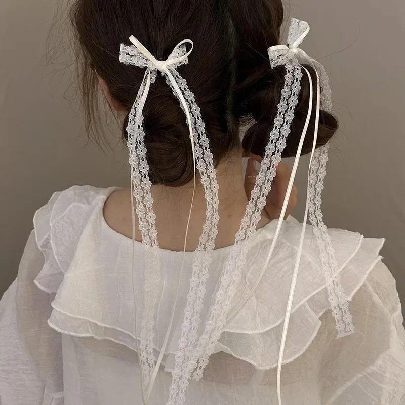 2/4Pcs Sweet Lace Bow Hair Clip White Ribbon Tassel Design Hollow Out Barrettes for Women Girls Trendy Hair Accessories