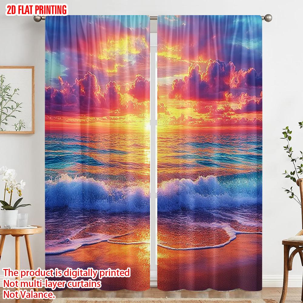 2pcs  2D plane printing Curtain Popular Beach Sunset Sea Polyester Fabric (without rod) Outdoor Decorations Ldeal for Bedroom