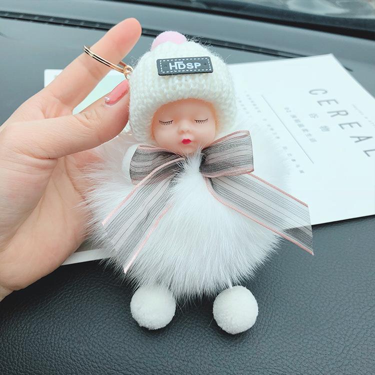 Korean Bow Keychain: Squinting Doll with Fox Fur Pendant - A Unique Japanese and Korean Gift