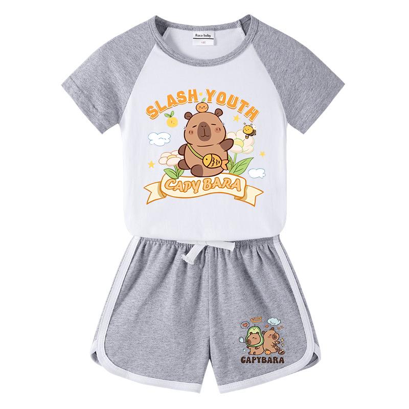 Kids' Summer Color Block Two-Piece Set: Casual T-shirt & Shorts