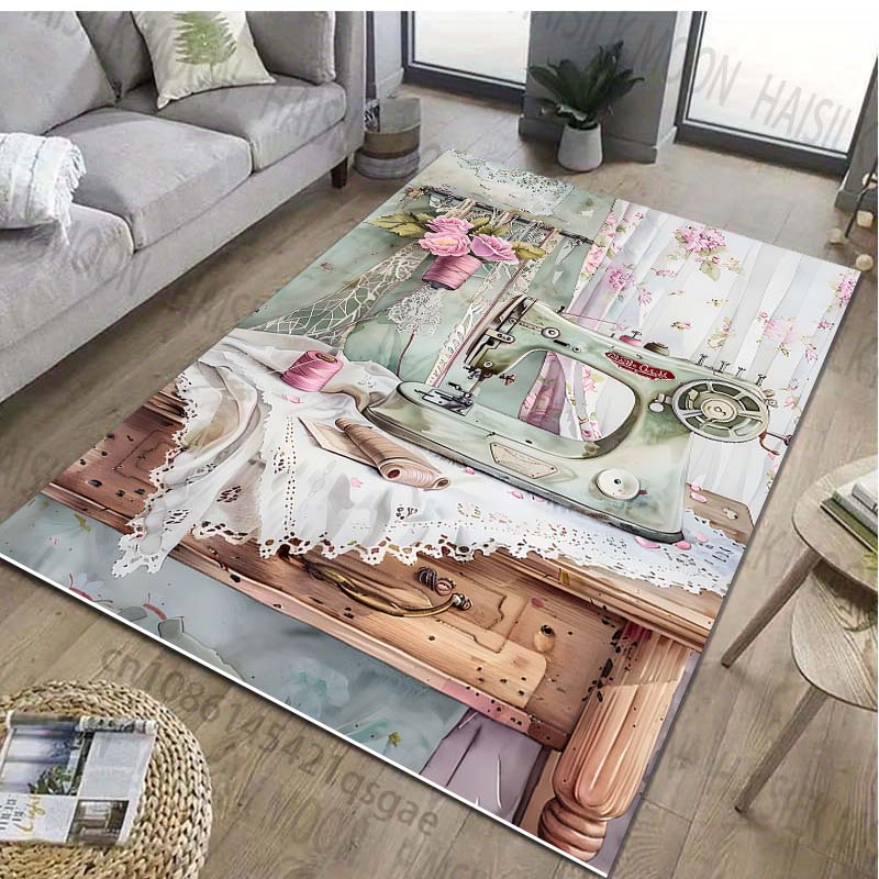 Retro Sewing Machine Patter Carpet for Living Room Bedroom Bedside Bathroom Floor Mat Area Rug Sofa Home Decor for Gifts