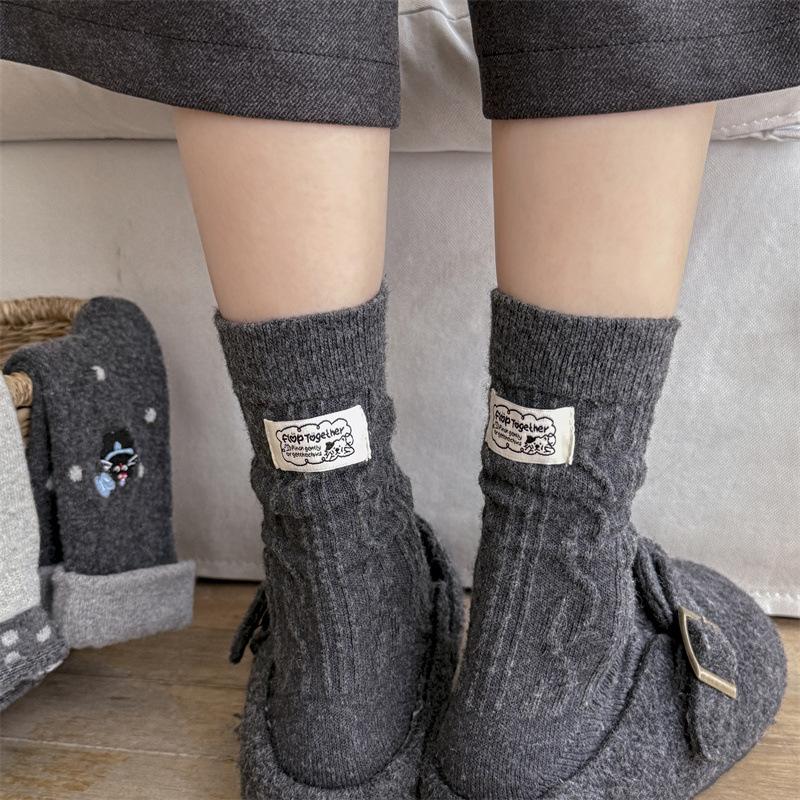 Grey-toned Autumn and Winter Wool Embroidered Soft Striped Mid-calf Socks Polka Dot Socks Women's Pile Socks