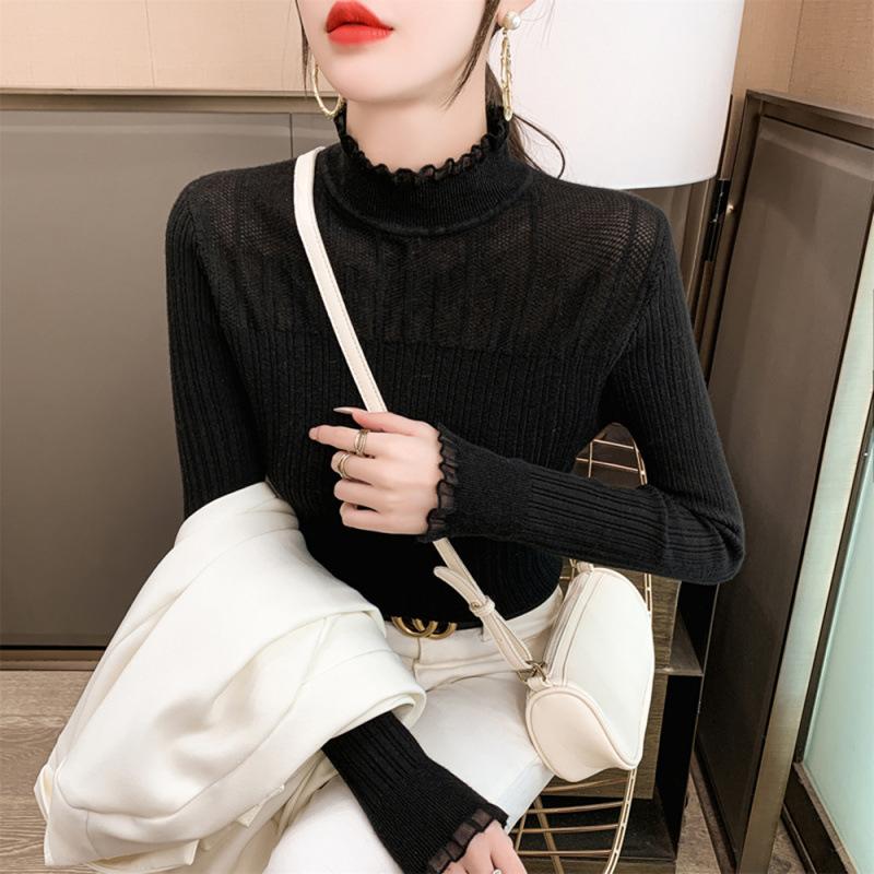 Semi-turtleneck lace bottoming shirt women's spring and autumn new knitted sweater top