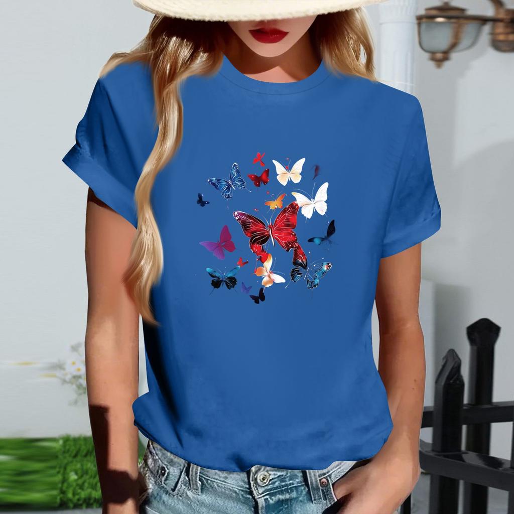 Women's Fashionable Round Neck Casual Retro Print Short Sleeved T-shirt Top
