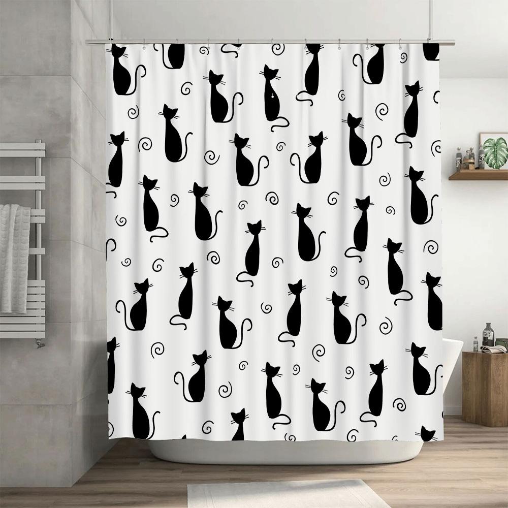 Modern Stylish Black Cat Shower Curtain for Bathroom Decor Polyester Fabric Waterproof Washable Customizable Size Available