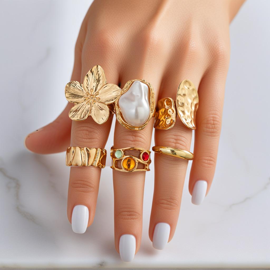 6PCS Exaggerated Metal Flower Open Rings for Women Baroque Imitation Pearl Adjustable Ring Fashion Jewelry Accessories