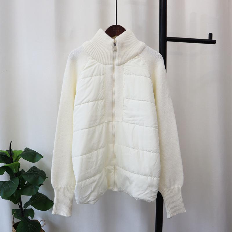 Design Sense Niche Splicing Cotton Clothes Knitted Cardigan Autumn and Winter New Loose Temperament Zipper Sweater Jacket Women