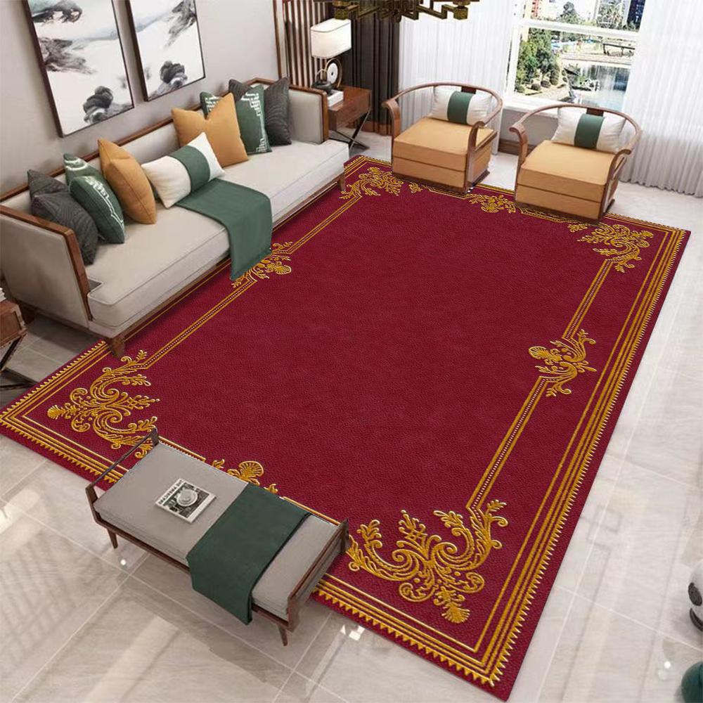 Red Gold Vintage Carpet Rug Luxury European Style Floral Pattern Non-Slip Durable Home Decoration Living Room Bedroom Floor Mat