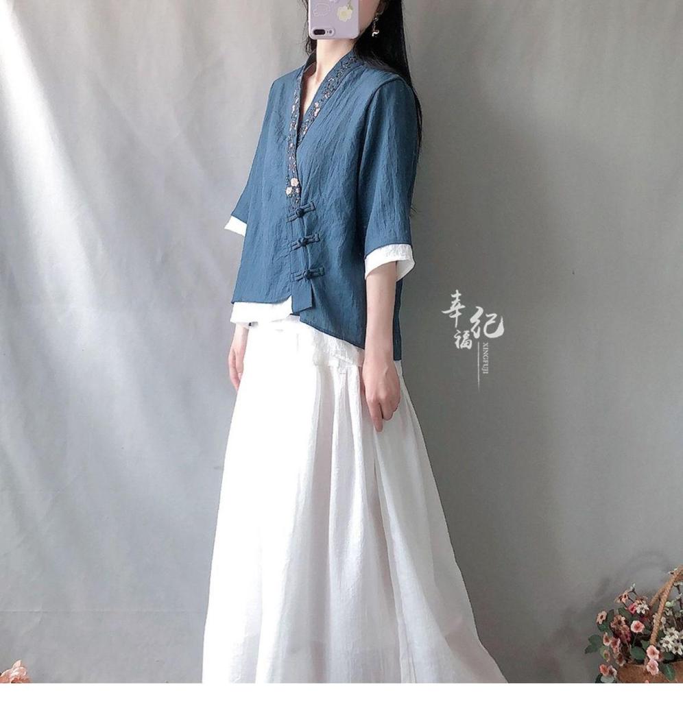 Women's Retro Cotton Linen Frog Button Top - Summer Chinese Tea Ceremony Style with Oblique Lapel and Five-Point Sleeves