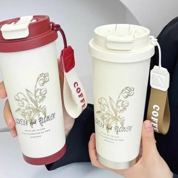 2025 Przenośny kubek termiczny ze stali nierdzewnej Konwalia ze słomką - Funkcja podwójnego picia, Wygodny dla kobiet