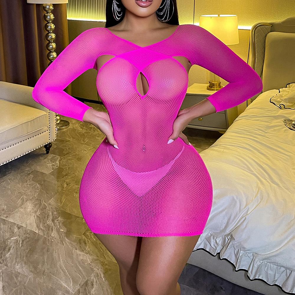Sex Underwear Cross Long Sleeve Rose Red Hip Wrap Skirt Mesh Sexy Backless One-Piece Pajamas Tights