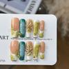10Pcs Fake Nails Long Tapered with Teal Green Gradient & 3D Floral Design