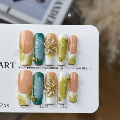 10Pcs Fake Nails Long Tapered with Teal Green Gradient & 3D Floral Design
