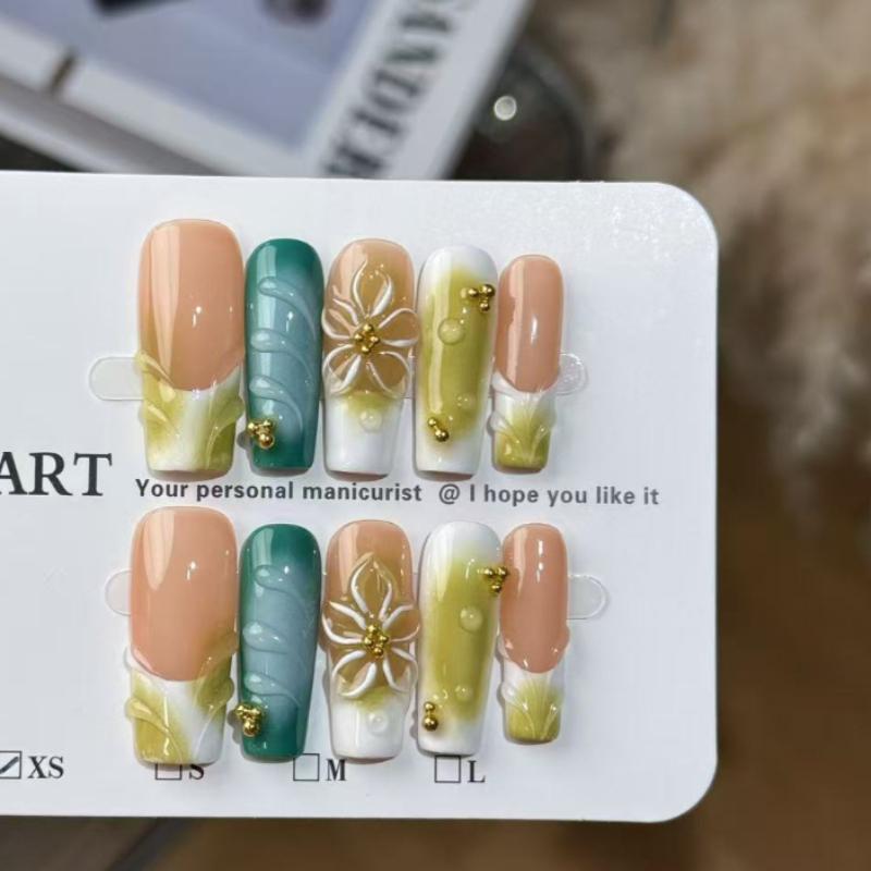 10Pcs Fake Nails Long Tapered with Teal Green Gradient & 3D Floral Design XS