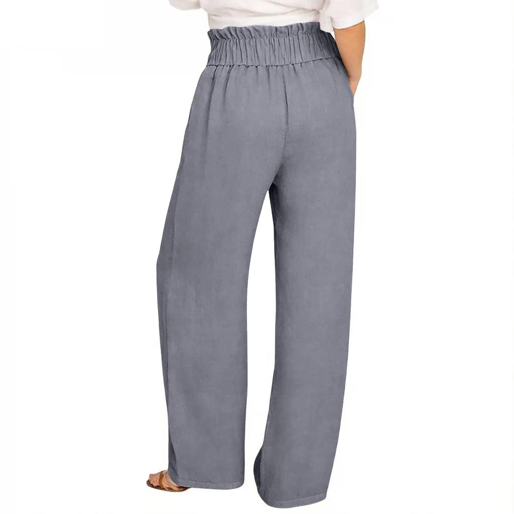 Linen Casual Wide Leg Pants For Women Elastic Waist Versatile Business Casual Work Palazzo Trousers With Pockets