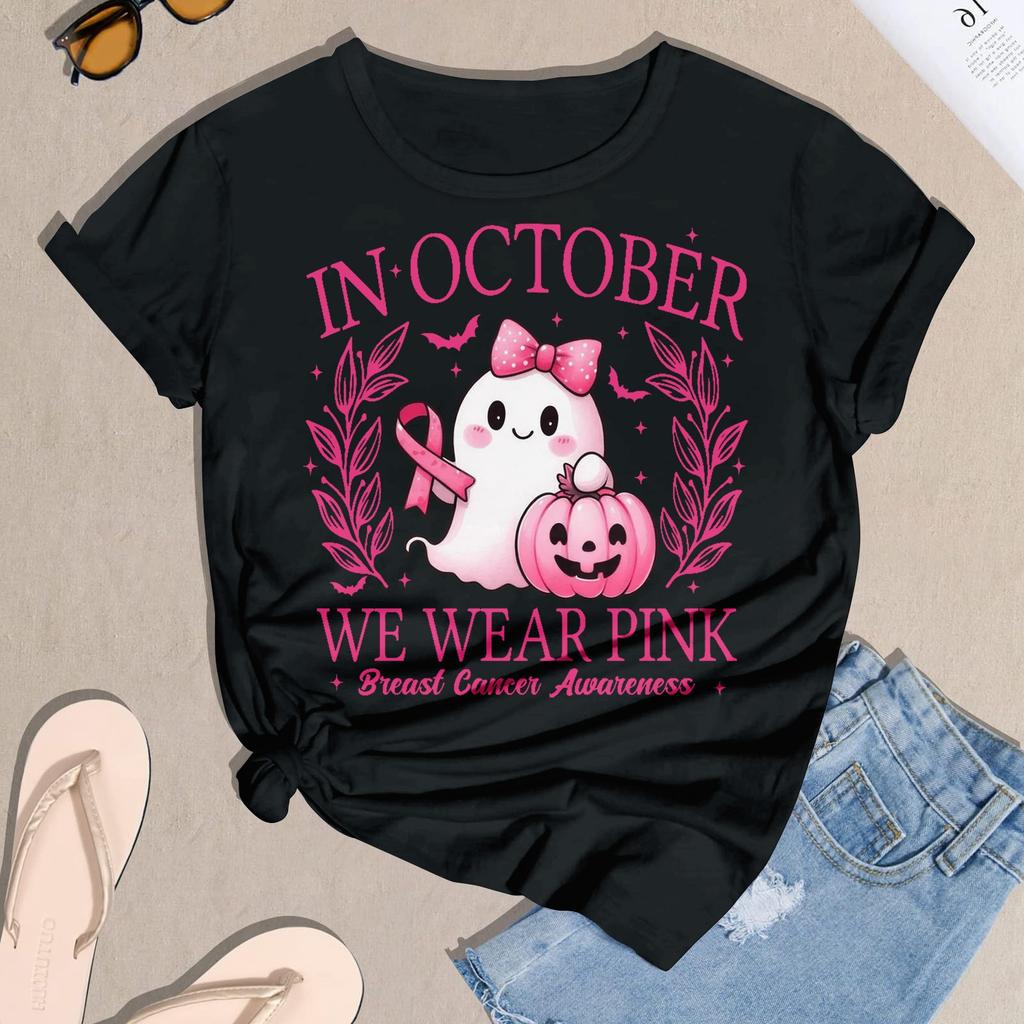 Women's Casual Halloween Breast Print T-Shirt Round Neck Pullover Short Sleeve Top