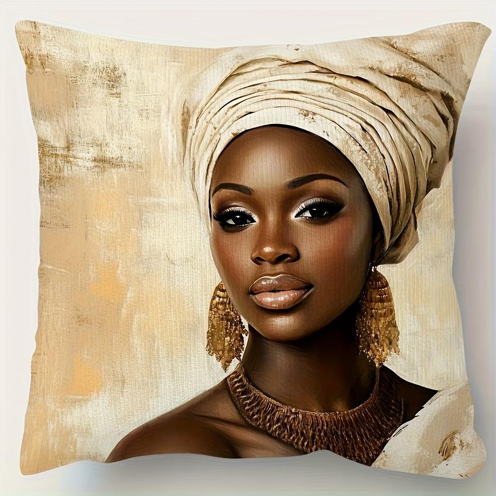Double Sided Stylish African Woman With Golden Jewelry Print Throw Pillow Cover For Sofa And Bedroom Decoration