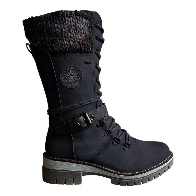 Damen Winterstiefel mit Schnalle und Spitze, gestrickt, mittelhoher Absatz, Stiefel mit runder Spitze, hochwertige warme Winterstiefel für Damen, Botas de Mujer