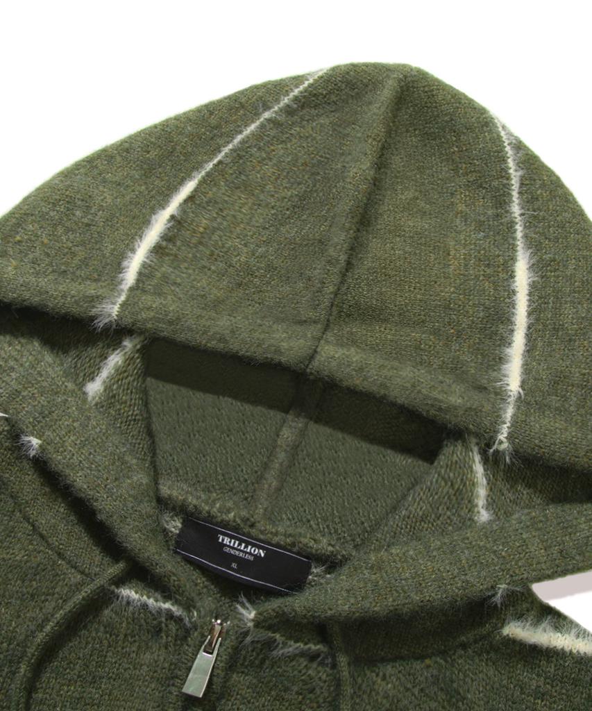 TRILLION Washable Wool Hairy Stripe Hooded Zip-Up Knit_Khaki