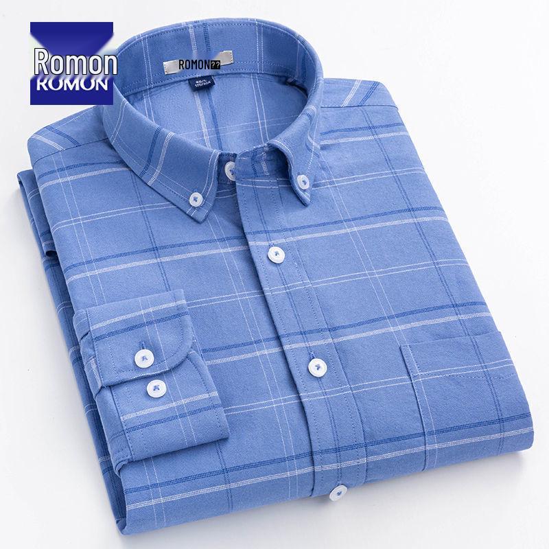 Romon Men's High-End Blue & White Cotton Oxford Long Sleeve Button-Down Shirt