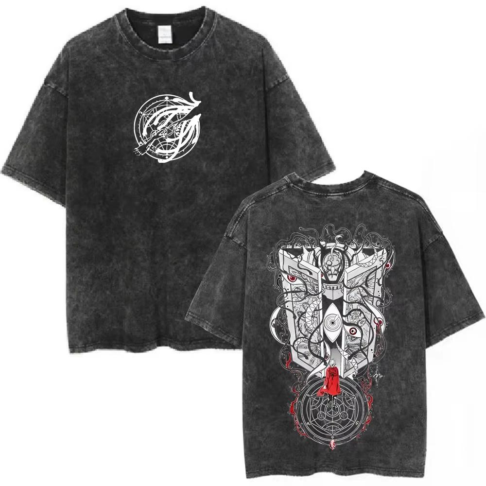 Anime Fullmetal Alchemist Graphic T‑Shirt Men Women Casual Oversized Vintage Washed Cotton Short Sleeve Streetwear Tee Tops