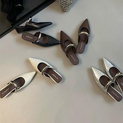 Summer New Silver Outer Wear Bag Head Half Slippers Light Mouth Pointed Head Wedge Heel Middle Heel Fitting Room Shoes New Products