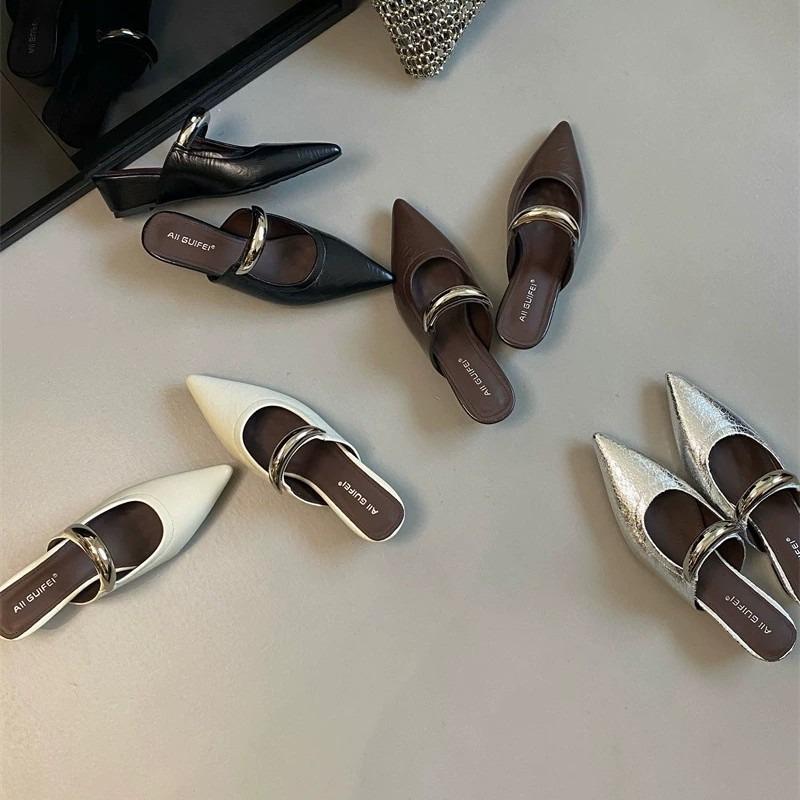 Summer new silver outer wear bag head half slippers light mouth pointed head wedge heel middle heel fitting room shoes new products