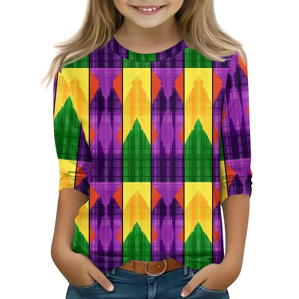 Print Tops For Youth Girls Round Neck 3/4 Sleeves T-Shirts Trendy Tops Outfit Tees