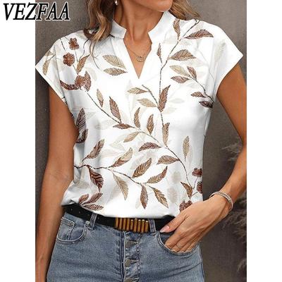 Moda Donna Casual Estivo Primavera Stampa Foglie Manica Corta Scollo a V Bluse e Camicie