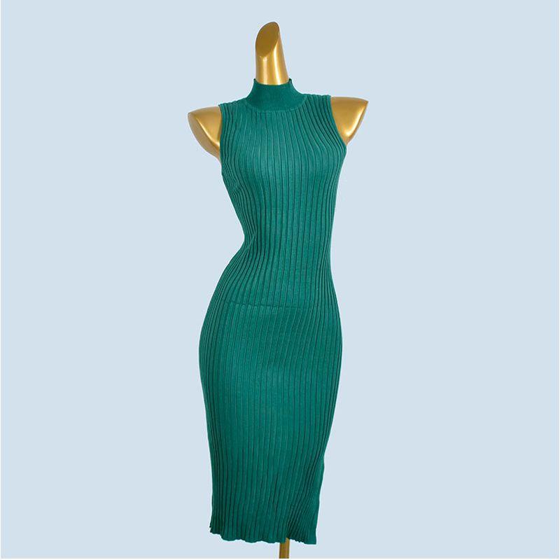 

Foreign Trade Order Half-high Collar Backless Slimming High Elastic Dress Four Seasons Inner wear Thread Sleeveless Knitted Hip Skirt Green S