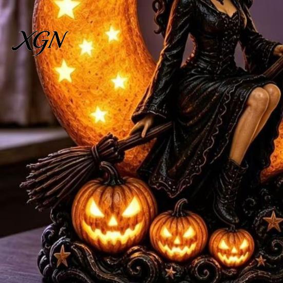 Dark Aesthetic Room Decor Halloween Witch on Crescent Moon Decorative Light, Gothic Detailed Fantasy Figurines Lamp, Resin Figurine for Home Tabletop