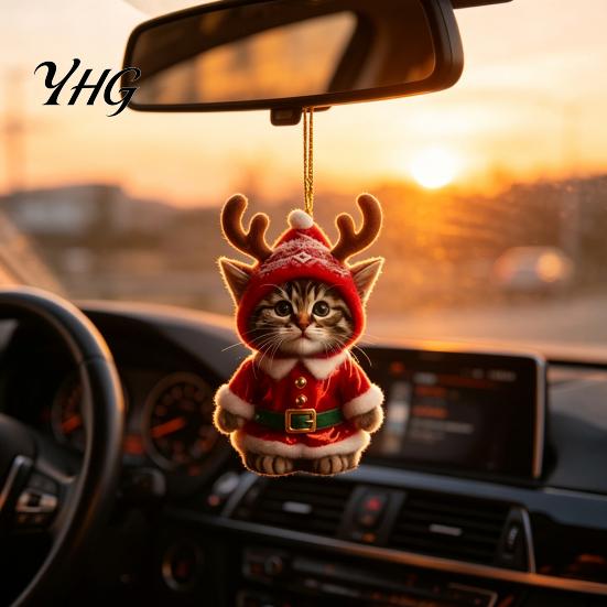 Christmas Car Rearview Mirror Accessories Santa Cat Ornament, Acrylic Hanging Decor with Backpack Charms Reindeer Antlers, 2D Cute Bag Charm