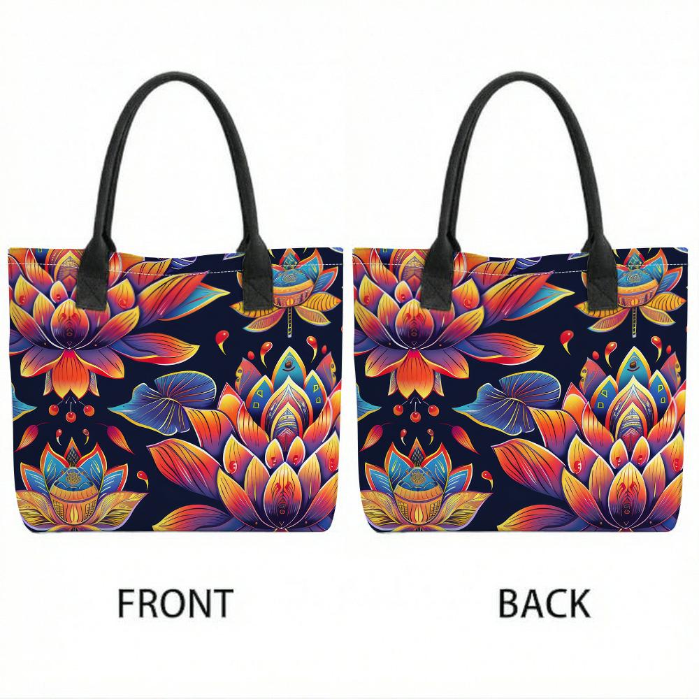  Lotus Print Tote Bag Casual Fashion Large Capacity Portable Shopping Shoulder Bag