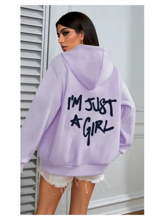 European Size Women's Casual Pocket Hoodie with 'I'm Just a Girl' Print for Autumn/Winter