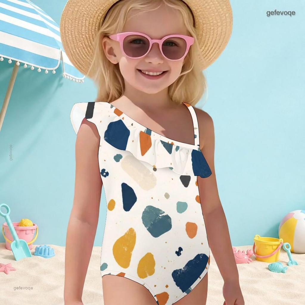 Girls One Shoulder Ruffle One Piece Swimsuit Abstract Printed Beach Swimwear
