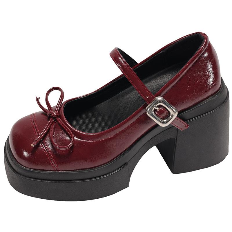 Red French thick heel small high heels women's 2025 new summer skirt retro Mary Jane small leather shoes