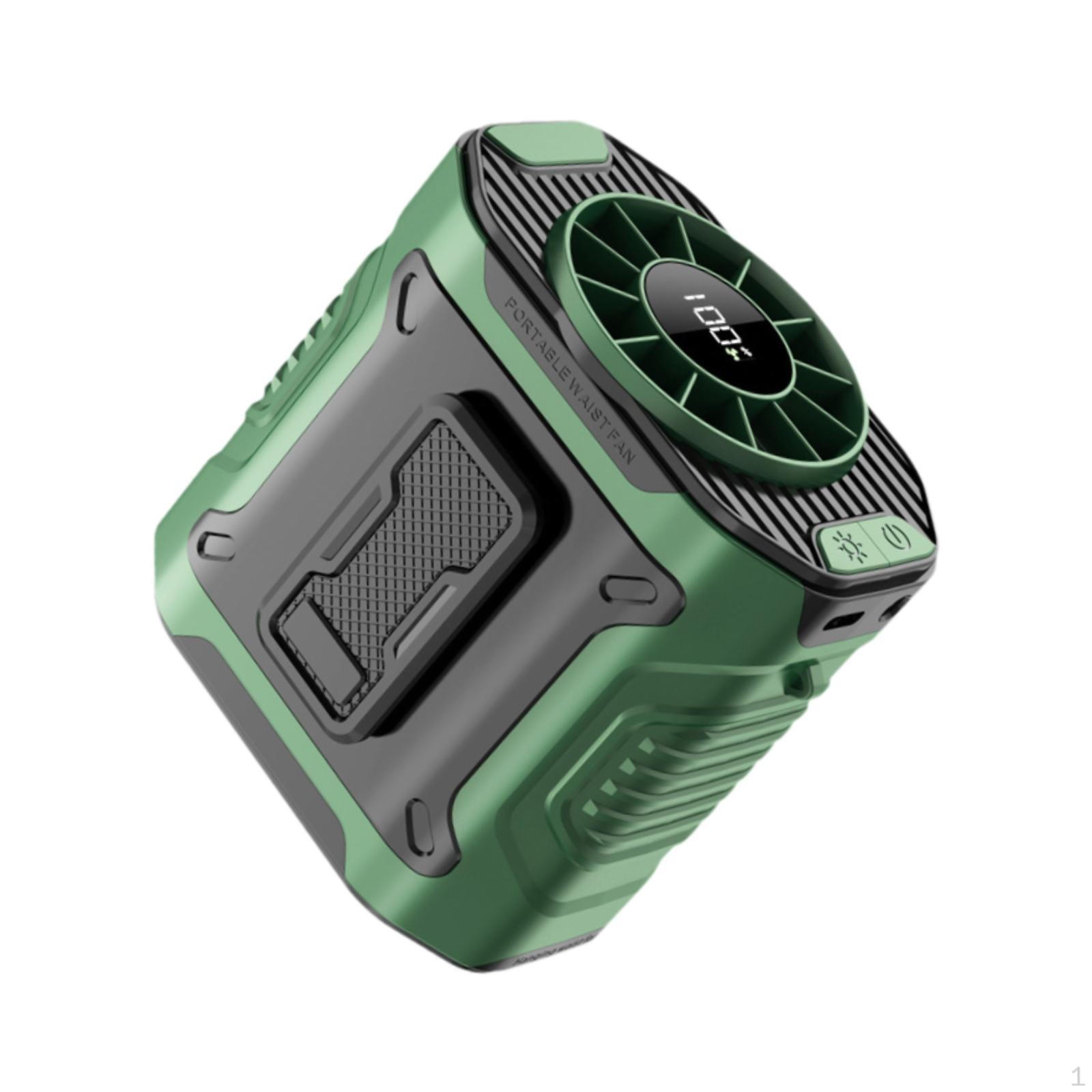 

Портативный поясной вентилятор 100 скоростей Летнее оборудование Сильные воздушные потоки Функция светодиодной подсветки Перезаряжаемый зелёный