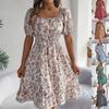 Mode Blumendruck Quadratischer Hals Kurzarm Sommerkleid Frauen Schlanke Taille Plissee A-förmige Party Freizeitkleider Lose Einfache Damenbekleidung