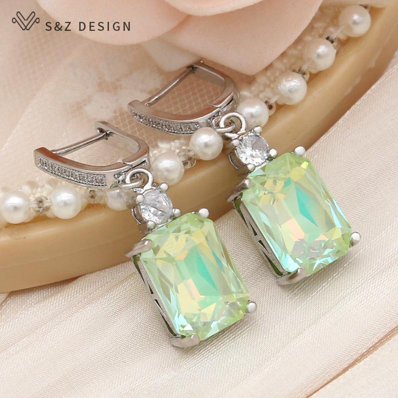 Boucles d'oreilles pendantes rectangulaires en cristal, couleur or rose, pour femmes, bijoux de mariage en zircone cubique