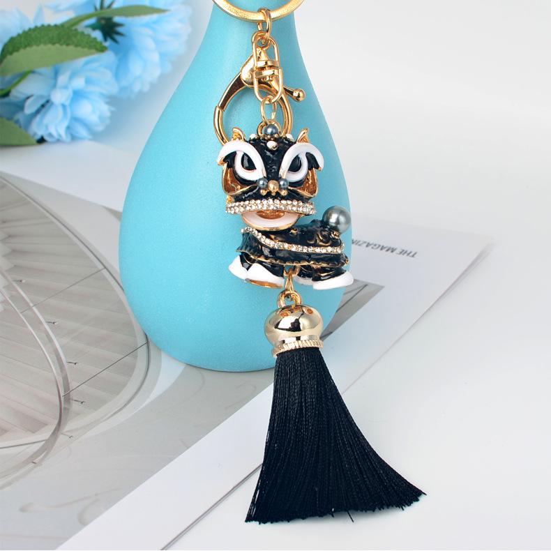 Chinese Red Tassel Dancing Lion Keychain with Rhinestone Charm